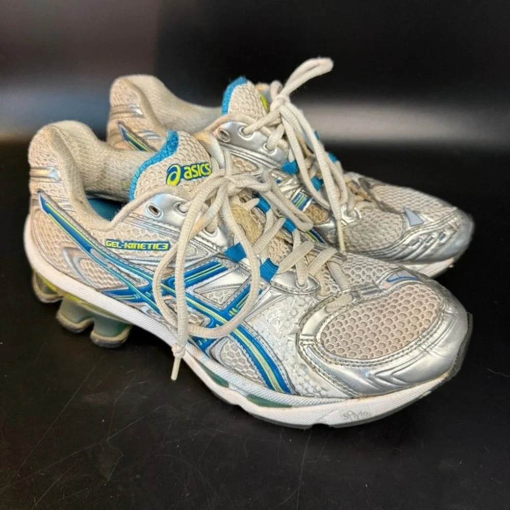 Asics Gel-Kinetic 3 T087N Silver Blue Synthetic‎ Mesh Running Shoes Womens US 7